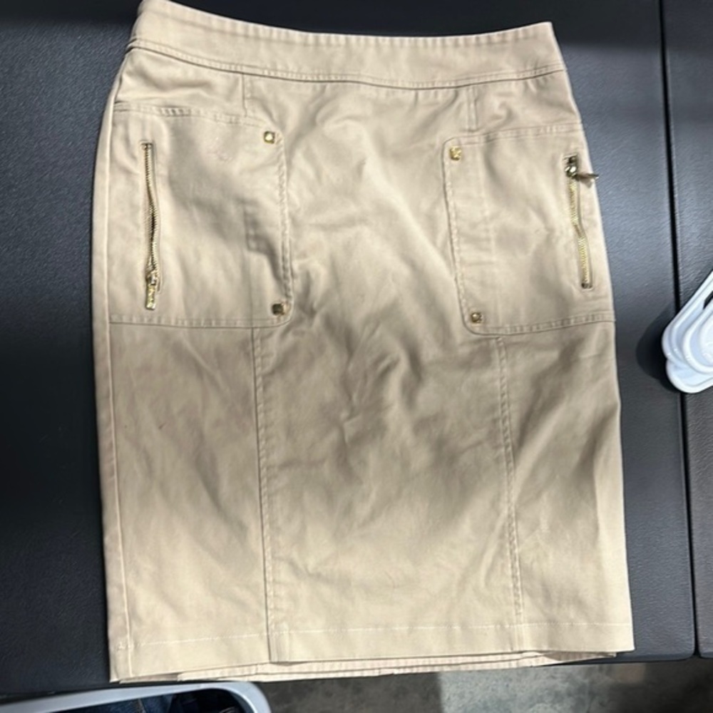Calvin Klein Tan Pencil Skirt with decorative zipper pockets size 4